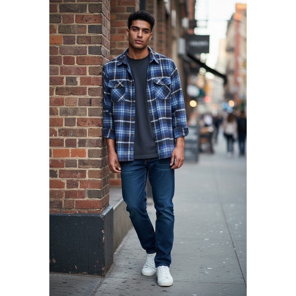 Jachs Heritage Flannel Shirt Mens Large Blue Grey Plaid Long Sleeve Button Up‎